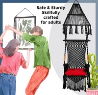 The Elegant Curio Centre Premium Maharaja Hanging Swing -Black with Polyester Ropes & Mild Steel Frame Chair with Heavy Duty Stainless Steel Hanging Accessories And Cushion has a unique design, - Free Size, Black, Polyester Rope With Iron Frame, Pack of 1